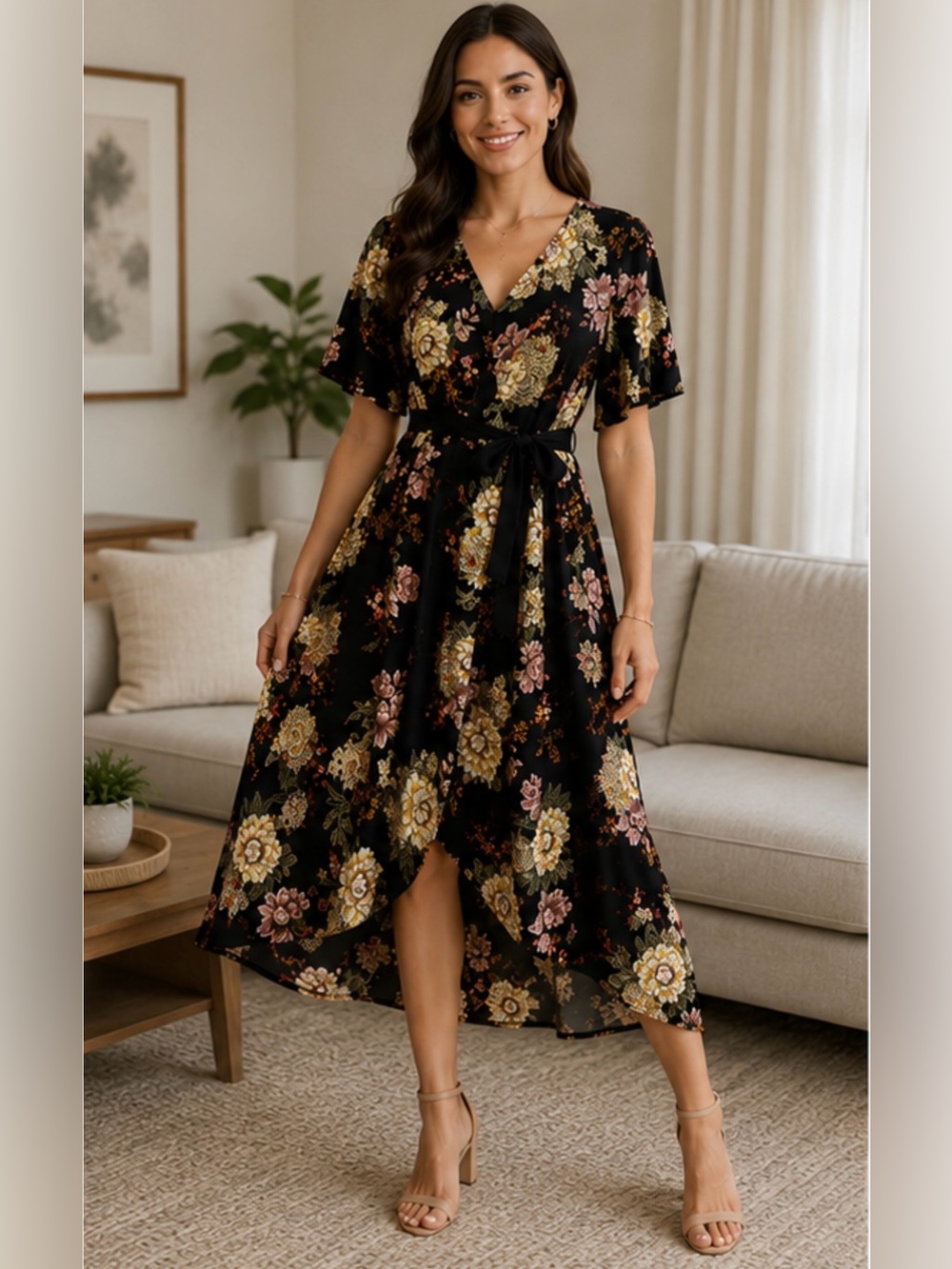 bobeau Black Floral High-Low Wrap Dress